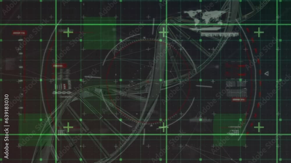 Poster animation of circles, map, loading bars with rotating dna helix over black background