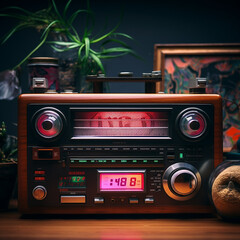 Fototapeta premium Retro old radio on the desk. 90's concepts. Vintage style filtered photo. Generative AI