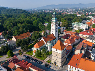 Aerial view of Zywiec. The old town of Zywiec, traditional architecture and the surrounding mountains of the Silesian Beskids and the Zywiec Beskids. Silesian Voivodeship. Poland. 