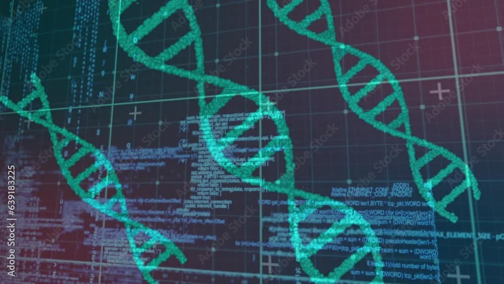 Poster animation of dots forming dna helixes with computer language over abstract background