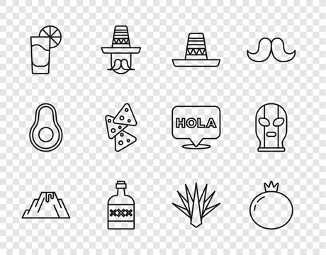 Set line Volcano eruption with lava, Tomato, Mexican sombrero, Tequila bottle, glass lemon, Nachos, Agave and wrestler icon. Vector