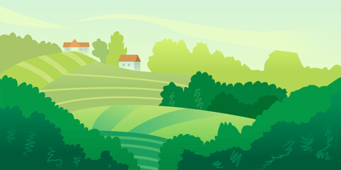 Summer Rural Landscape with Agriculture Fields. Ecology Poster Template. Panorama View. Vector Illustration in Flat Style.