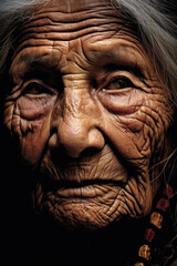 An elderly woman, her face etched with lines of wisdom and experience.generative ai