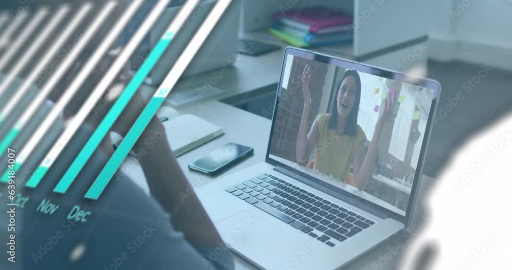 Poster animation of graphs, globe and computer language, diverse coworkers sharing ideas on video call