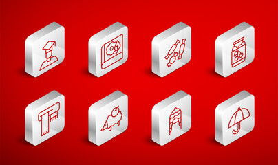 Set line Umbrella, Herbarium, Candy, Jam jar, Winter hat, Graduate graduation cap, Hedgehog and scarf icon. Vector