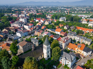 Aerial view of Zywiec. The old town of Zywiec, traditional architecture and the surrounding mountains of the Silesian Beskids and the Zywiec Beskids. Silesian Voivodeship. Poland. 