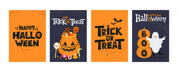 Set of Happy Halloween and Trick or Treat greeting cards or party invitations on the theme of Halloween. Vector illustration posters with candies in pumpkin basket and text lettering font.
