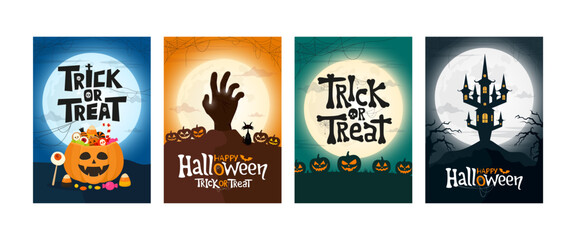Vector illustration of Happy Halloween and Trick or Treat greeting cards or party invitations set. Posters for the theme of Halloween. and text lettering font.