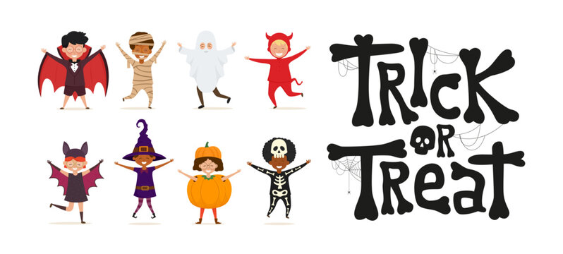 Set of kids in Halloween costume and Trick or Treat text. Vector illustrations for Holidays on Halloween isolated on white background.