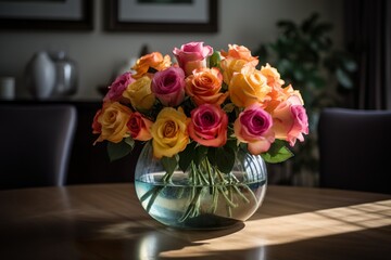 Colorful roses in a glass vase on a wooden table indoor decoration