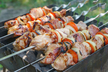 Grilled pieces of meat on skewers, shish kebab with vegetables, cooking process on fire, on...