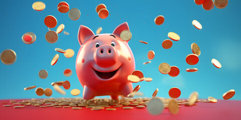 A piggy bank with coins flying around