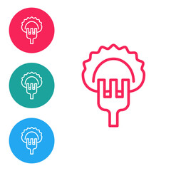 Red line Dumplings on fork icon isolated on white background. Pierogi, varenyky, pelmeni, ravioli. Traditional Ukrainian food. Set icons in circle buttons. Vector