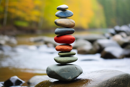 colored zen stones in stream in autumn winter setting, balance stack of zen stones, serene beauty of a riverbank or shore, rocks and water coexist in a tranquil dance of reflections and textures