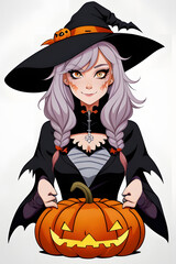 Illustration of a Halloween witch with a pumpkin on a white background