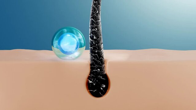The blue essence bubble moves slowly and penetrates into the hair cells, making the hair more shiny and smooth. Abstract illustration scene for shampoo or hair care product