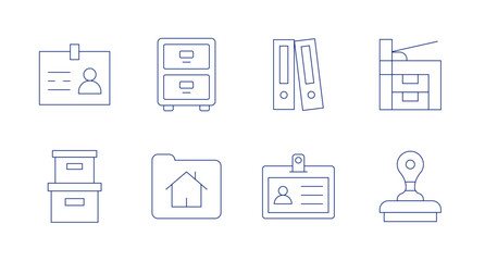 Office icons. Editable stroke. Containing badge, filling cabinet, folder, print, cardboard, id card, stamp.