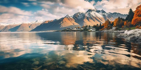 Fototapete Reflection Lake Wakatipu scenery with mountains, Queenstown, South Island, New Zealand