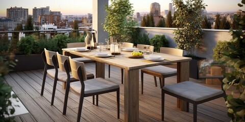 Fototapeta na wymiar Modern home terrace. Luxury outdoor dining table with chairs. Interior design.
