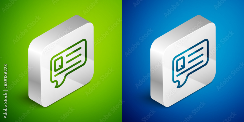 Poster isometric line speech bubbles with question icon isolated on green and blue background. faq sign. ch