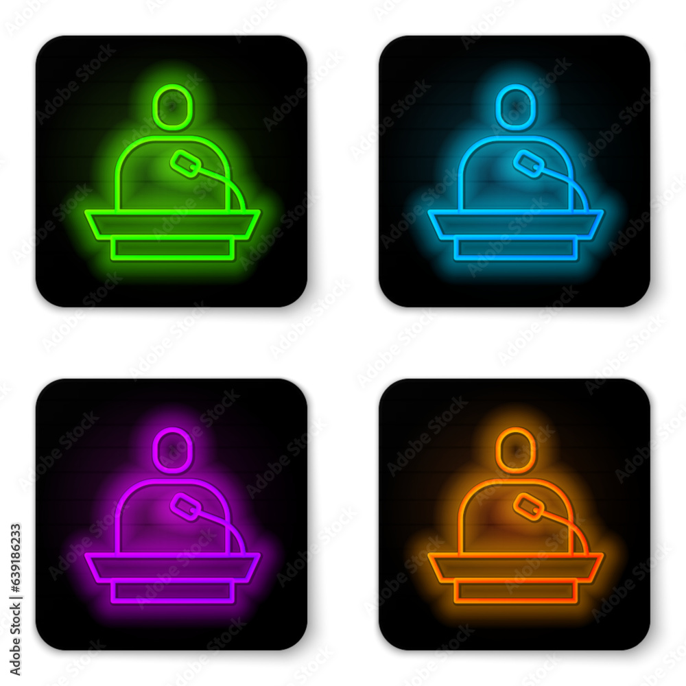 Poster glowing neon line gives lecture icon isolated on white background. stand near podium. speak into mic