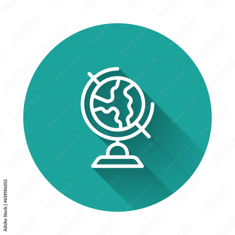Poster white line earth globe icon isolated with long shadow background. green circle button. vector