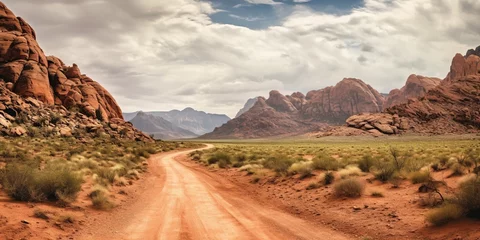 Foto op Plexiglas Panorama of the road through the canyon desert. Red rock canyon desert road. © Илля Вакулко