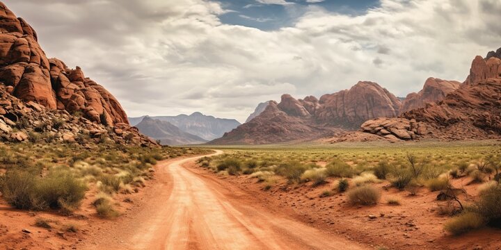 Panorama of the road through the canyon desert. Red rock canyon desert road.
