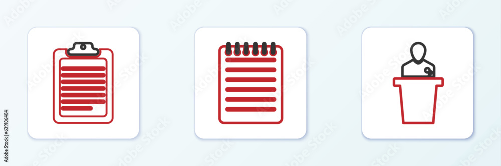 Poster set line speaker, clipboard with document and notebook icon. vector