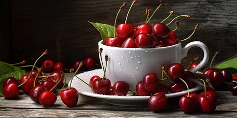 Red cherries in white tea cup on aged wooden background, fruit still life - obrazy, fototapety, plakaty