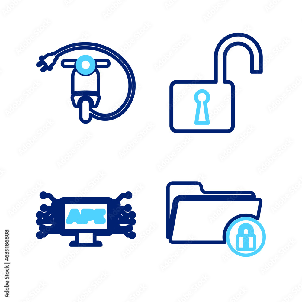 Aufkleber set line folder and lock, computer api interface, open padlock and electric scooter icon. vector