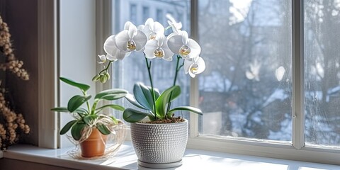White moth orchid on windowsill with poor lighting, houseplant care in winter