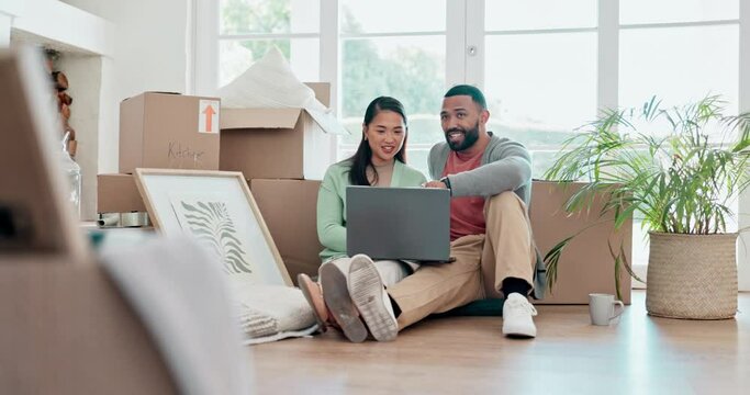 Happy couple, boxes and laptop in new home, property or investment together on living room floor. Excited man or woman smile, thinking or idea in house renovation, relocation or real estate apartment