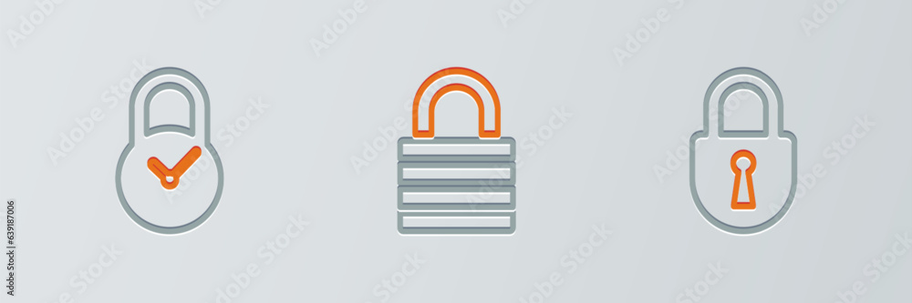 Poster set line lock, padlock with clock and icon. vector