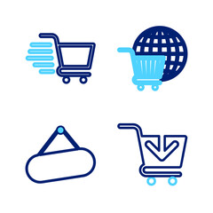 Set line Add to Shopping cart, Signboard hanging, with globe and icon. Vector