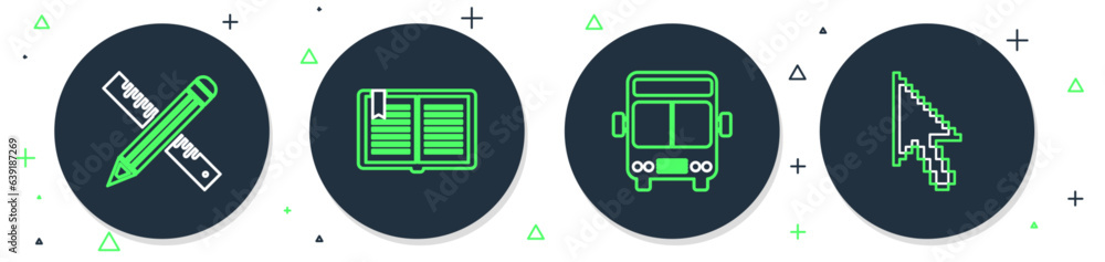 Poster set line open book, bus, crossed ruler and pencil and pixel arrow cursor icon. vector