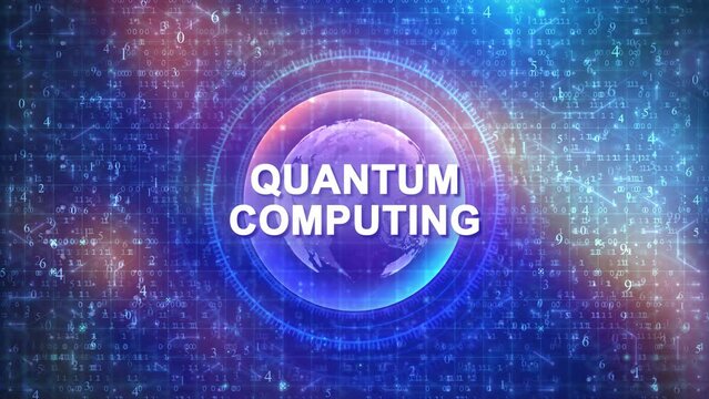 Quantum Computing Concept on Futuristic Cyberspace Background with HUD, Numbers, and Globe