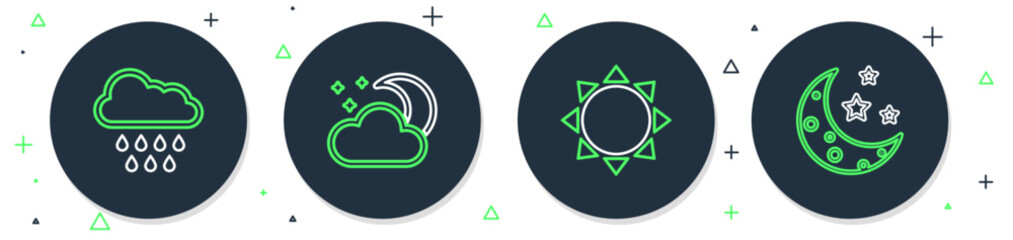 Set line Cloud with moon and stars, Sun, rain and Moon icon. Vector