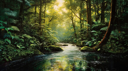 Obraz premium River Floating in Lush Green Forest with Sunlight Filtering Through Trees