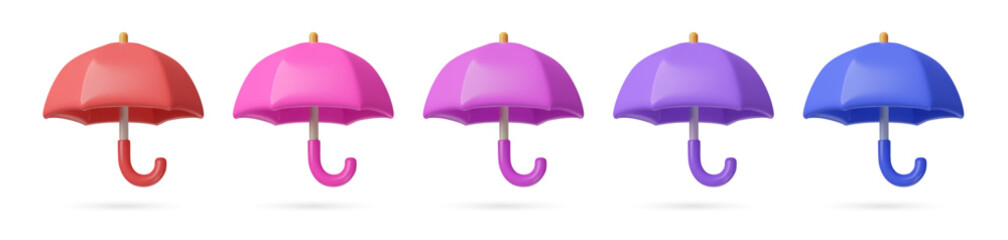 3d cartoon umbrella icons set. Different color cute plastic three dimensional vector object on white background. © Anastasiia