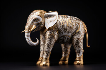 white golden elephant decorated statue on black background, generative AI
