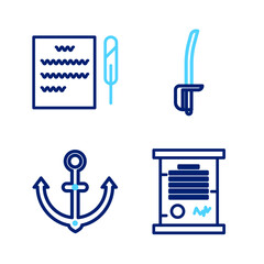 Set line Decree, parchment, scroll, Anchor, Pirate sword and Feather pen and icon. Vector