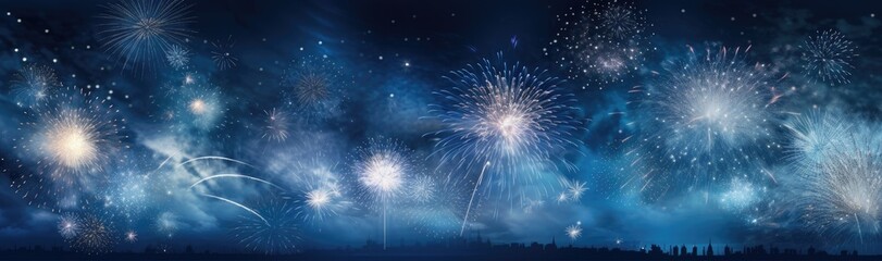 Fototapeta na wymiar Blue night sky with a lot of firework. Chrismas celebration. Generative AI