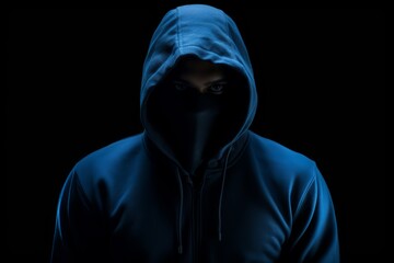 man with a hoodie standing on dark background, hacker style