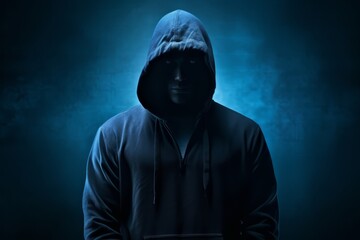 man with a hoodie standing on dark background, hacker style