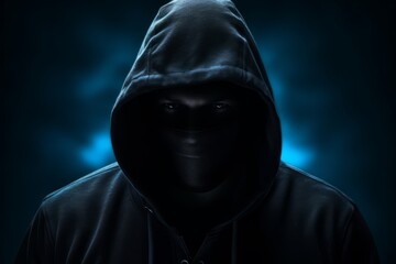 man with a hoodie standing on dark background, hacker style