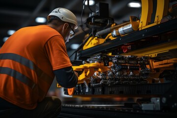 industrial worker in orange gear inspecting a vehicle engine