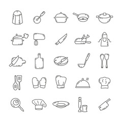 Cooking line icon set with kitchen equipment line icons.