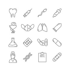 medical equipment line icons set. medicine line icon set with medical mask. syringe, pills