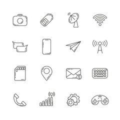 mobile phone application interface line icon set with speech bubble, paper plane, keyboard, map pin, gsm